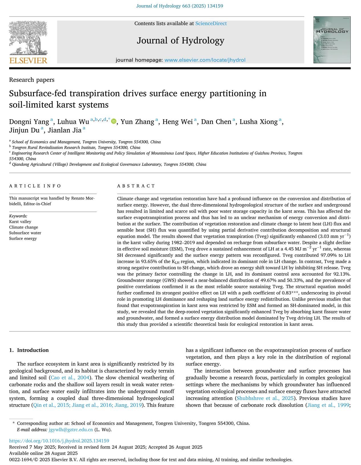 Subsurface-fed transpiration drives surface energy partitioning in soil-limited karst systems-1